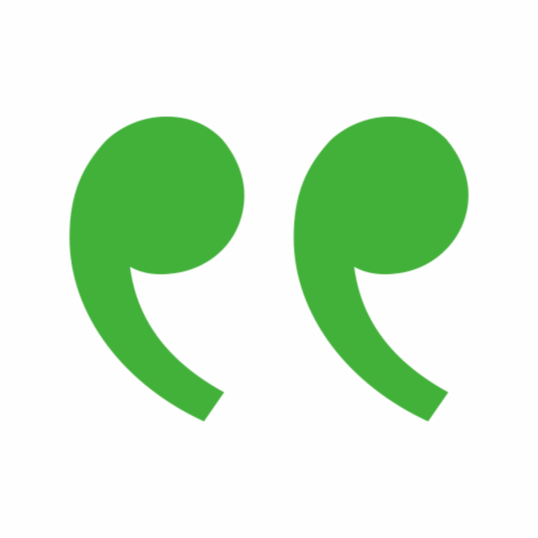 Green background with a white quotation mark symbol.